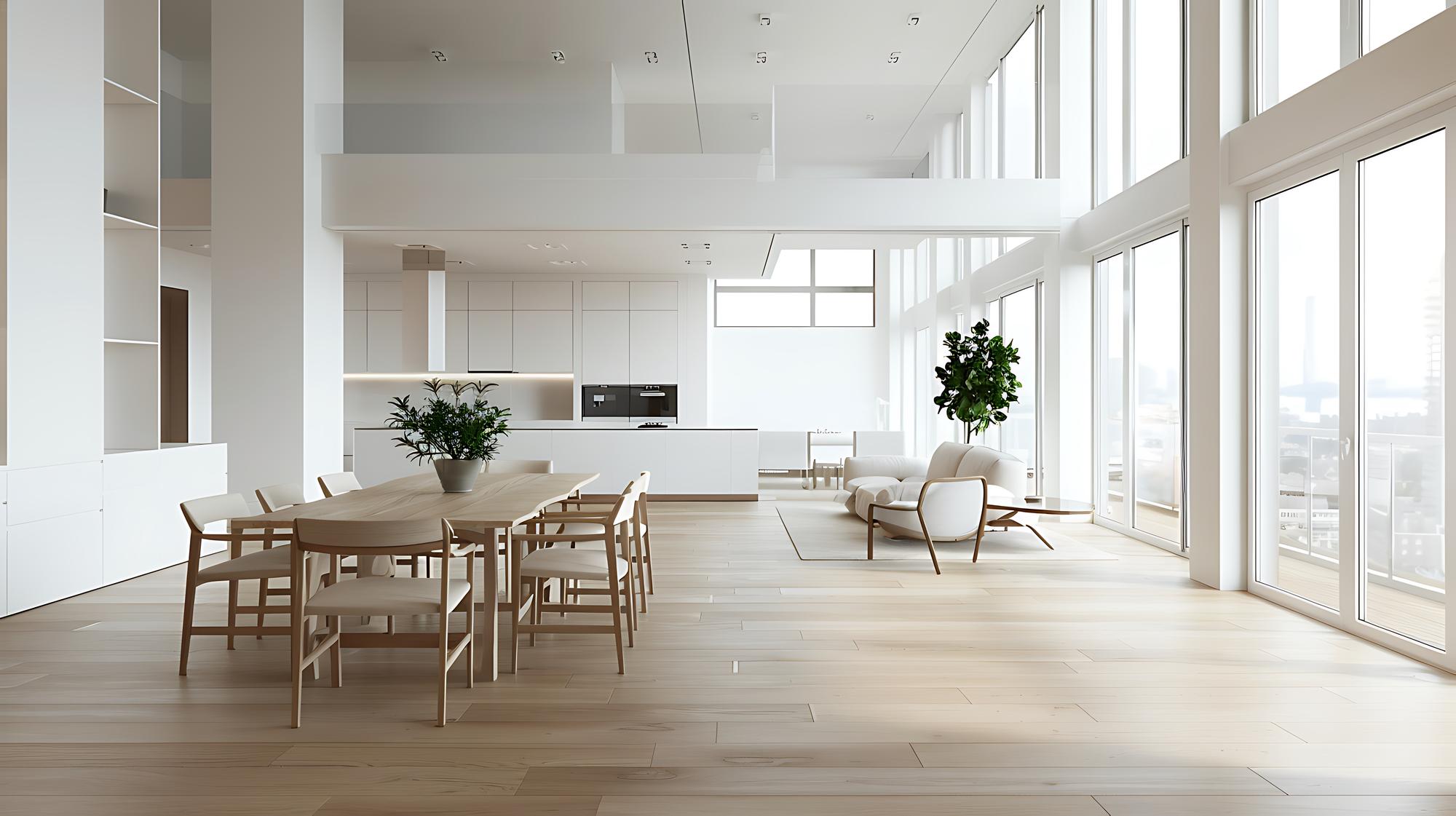 Living luminos open-space cu elemente din lemn